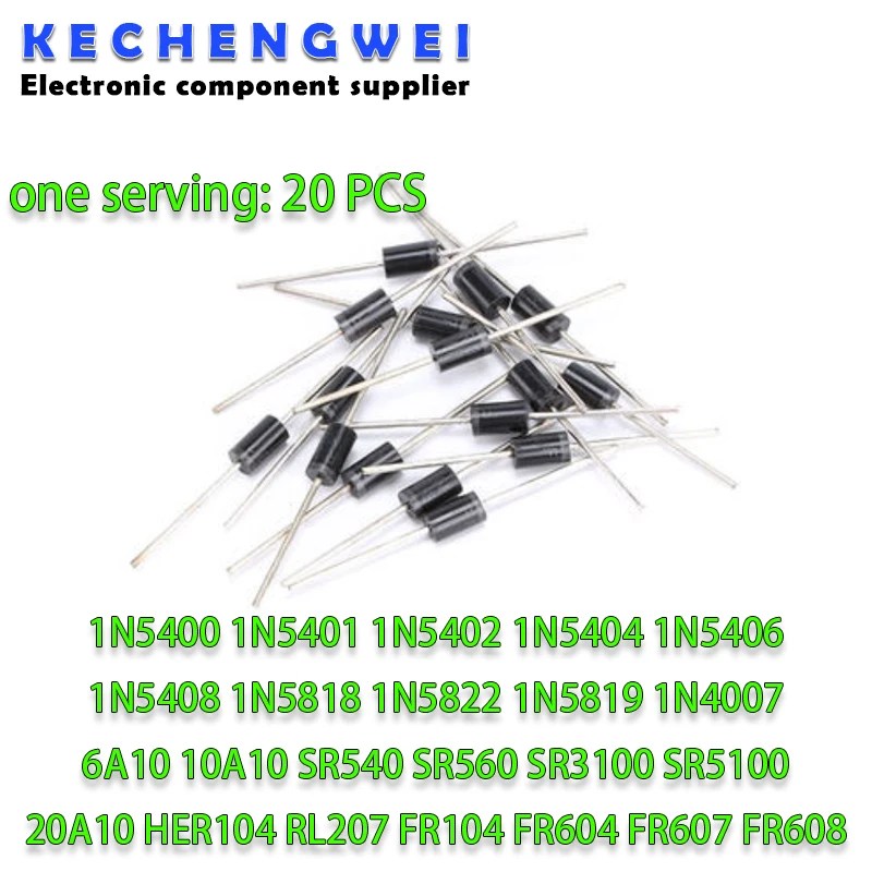 

20PCS Rectifier Diode 1N5408 1N5404 1N5401 1N5822 1N5818 1N5400 1N5406 1N5402 10A10 FR604 FR607 FR608 3A 6A200V 400V 600V 800V