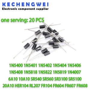 20PCS Rectifier Diode 1N5408 1N5404 1N5401 1N5822 1N5818 1N5400 1N5406 1N5402 10A10 FR604 FR607 FR608 3A 6A200V 400V 600V 800V