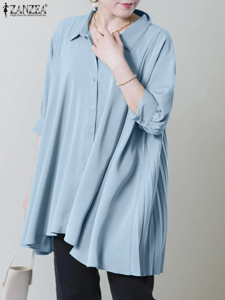 

Элегантная блузка ZANZEA с отложным воротником 2022 Стильная сорочка с высоким и низким вырезом свободная офисная туника топ Женская Повседневн...