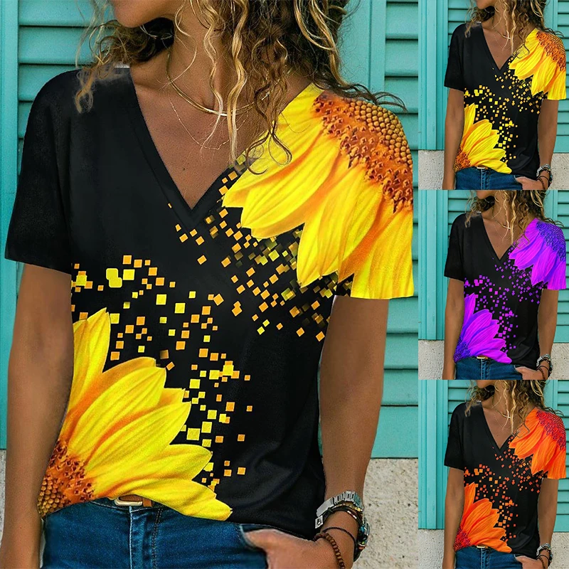 

2022 Summer Elegant Women's Floral Theme Painting T Shirt Floral Color Block Print V Neck Basic Tops Loosen Shirt 3D Print New