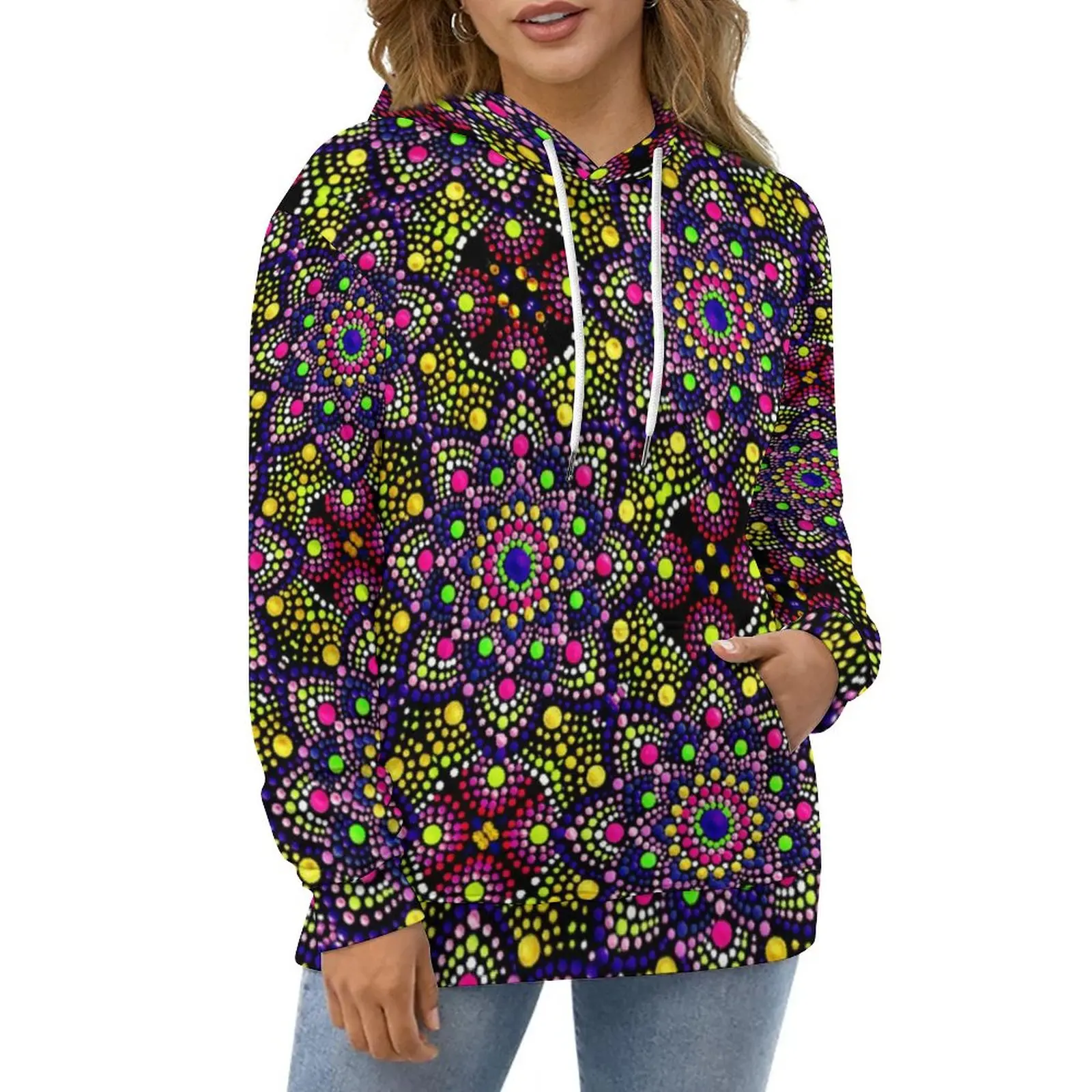 

Красочная Осенняя Толстовка в горошек в стиле хип-хоп, Женская Толстовка Оверсайз с длинным рукавом, милые повседневные толстовки с капюшоном и графическим принтом