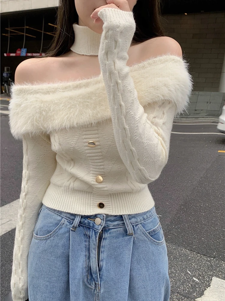 

Korea Style Solid Chic Pullover 2023 Winter Faux Fur Elegant Y2k Tos Office Lady Woman Off Shoulder Sexy Kniited Sweater Clothes
