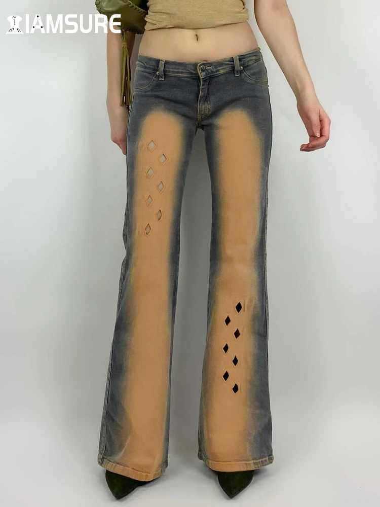 

Уличная одежда IAMSURE Y2K, винтажные ажурные микро расклешенные джинсы, пикантные облегающие джинсовые брюки с низкой талией для женщин, лето 2023, модные женские