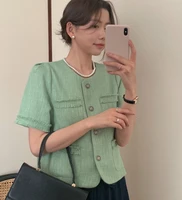2022 womens summer new high end temperament french retro round neck single breasted short sleeved top fashion solid color coat