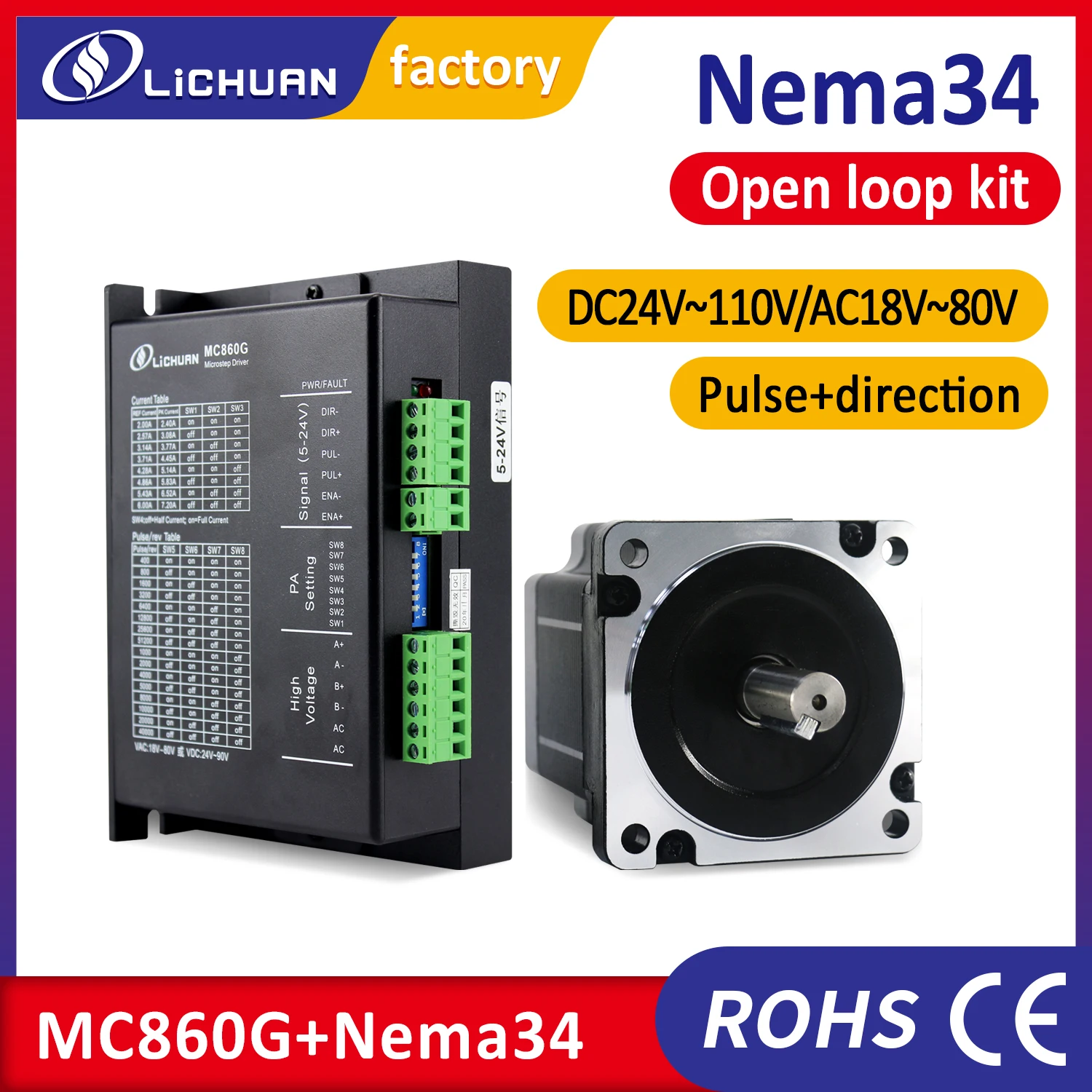 Фото Шаговый двигатель Lichuan Nema34 4,5 Нм 6,5 Нм 8 Нм 10 Нм 12 Нм с открытой петлей и шаговым драйвером MC860G 7,2 А DC24-100 В/AC18V-80V для фрезерного станка с ЧПУ №1