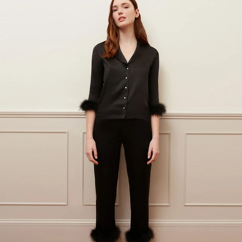 

Restve Feathers Sleepwear Female 2 Piece Set Black Three Quarter Sleeve Turn Down Collar Tops Casual Women Sets With Pants 2022