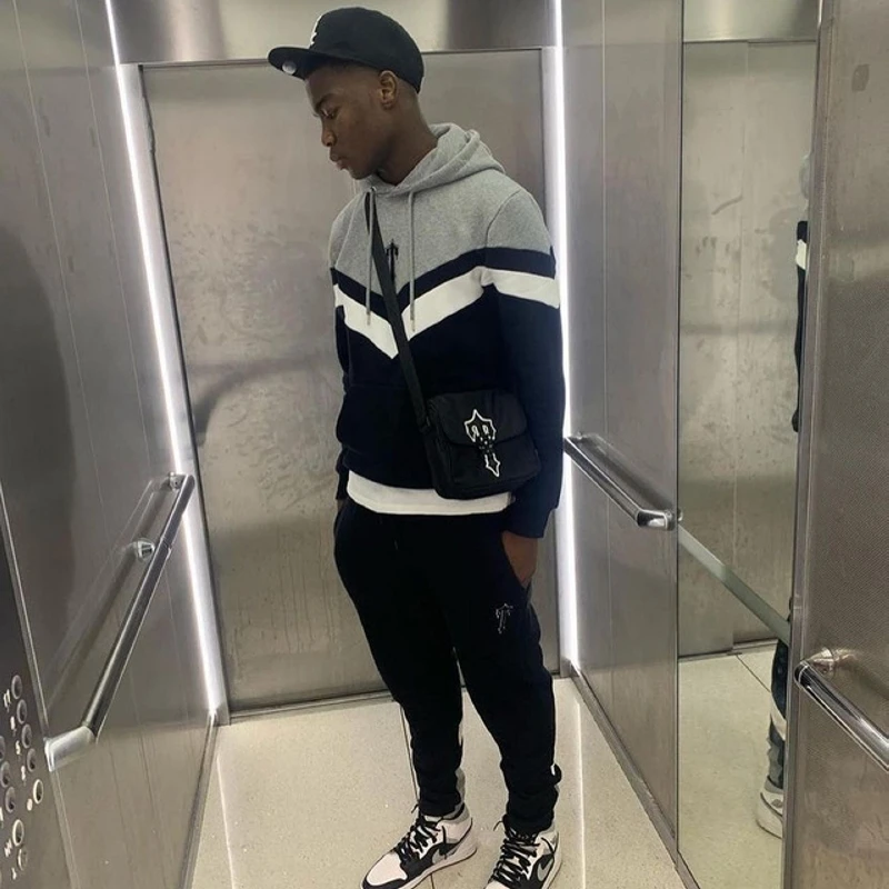 Мужской комплект трапециевидной формы, повседневная толстовка с капюшоном и брюки с вышивкой в лондонском стиле