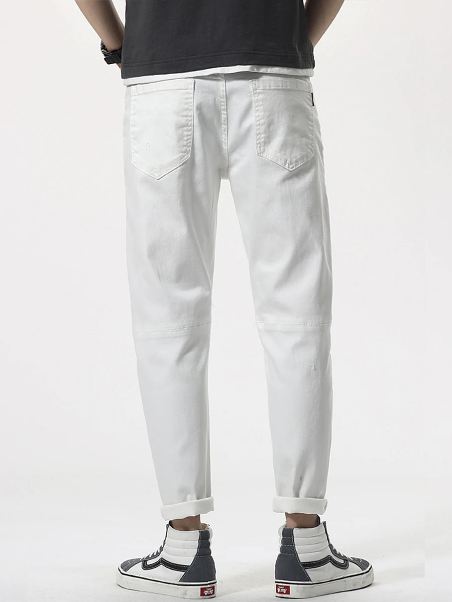 Spring and Autumn Korean Version Men's White Jeans Ripped Print Trend Nine-point Pants Fashion Streetwear Men Ins Hot Sale JEANS