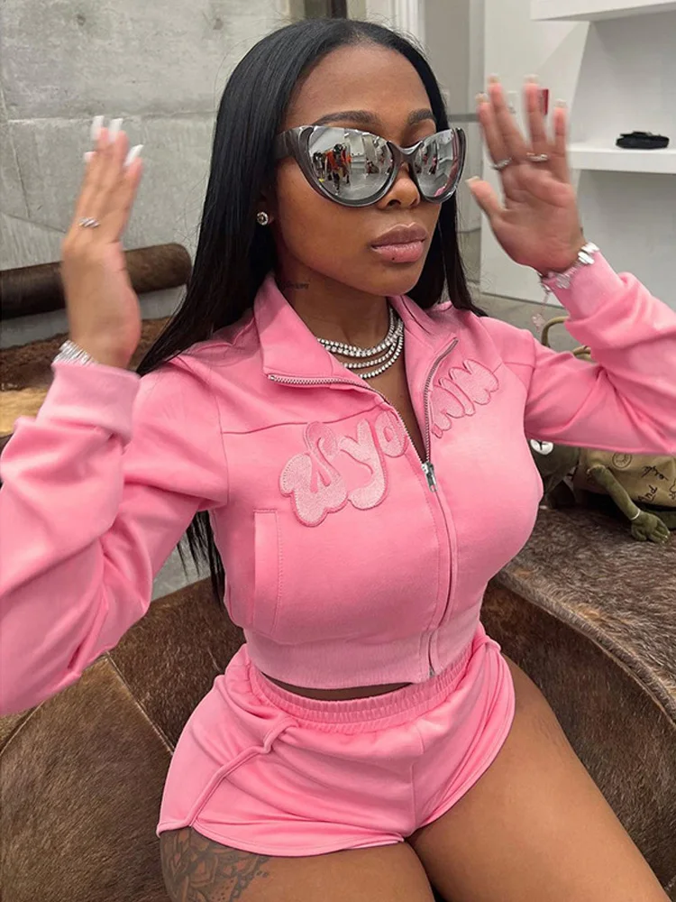 

Autumn Soild Zipper Pockets Short Sets For Women Clothes Streetwear Silm Sportswear Elastic Waist Sexy Fashion Two Piece Sets