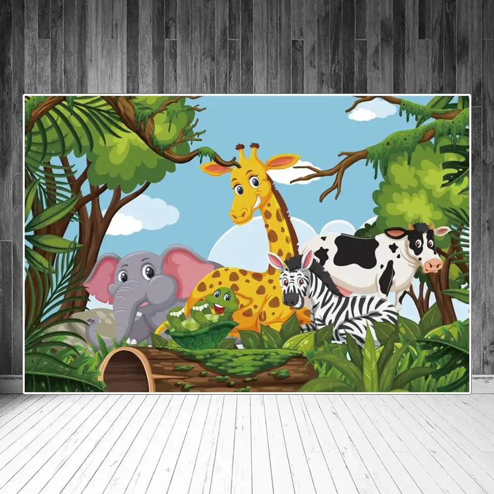 

Africa Safari Baby Animals Birthday Decoration Photography Backdrop Kids Blue Sky Jungle Leave Giraffe Elephant Photo Background