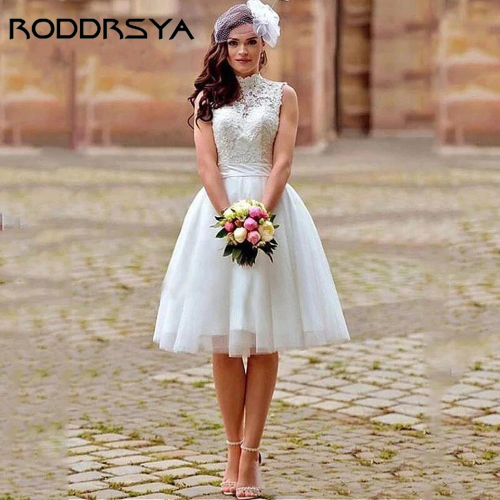 

RODDRSYA Vintage Lace Wedding Dress High Nevk Sleeveless Tulle Women Bride Gowns 2023 A-Line Knee Length Bridal Dresses Custom