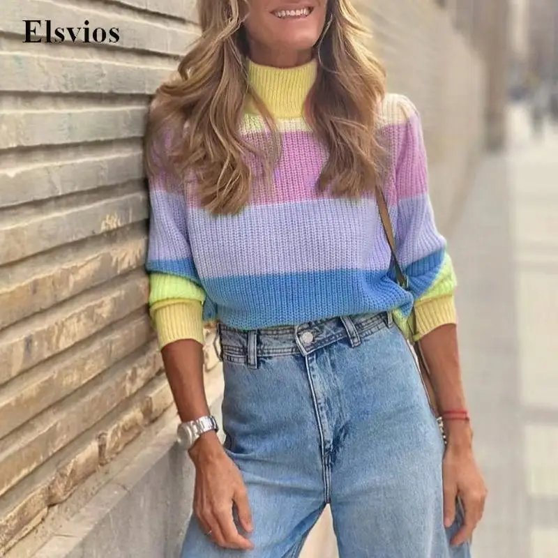 

Women Autumn Long Sleeve Knitted Jumper Casual Fashion Contrast Striped Loose Sweaters Tops Winter Turtleneck Warm Knit Pullover