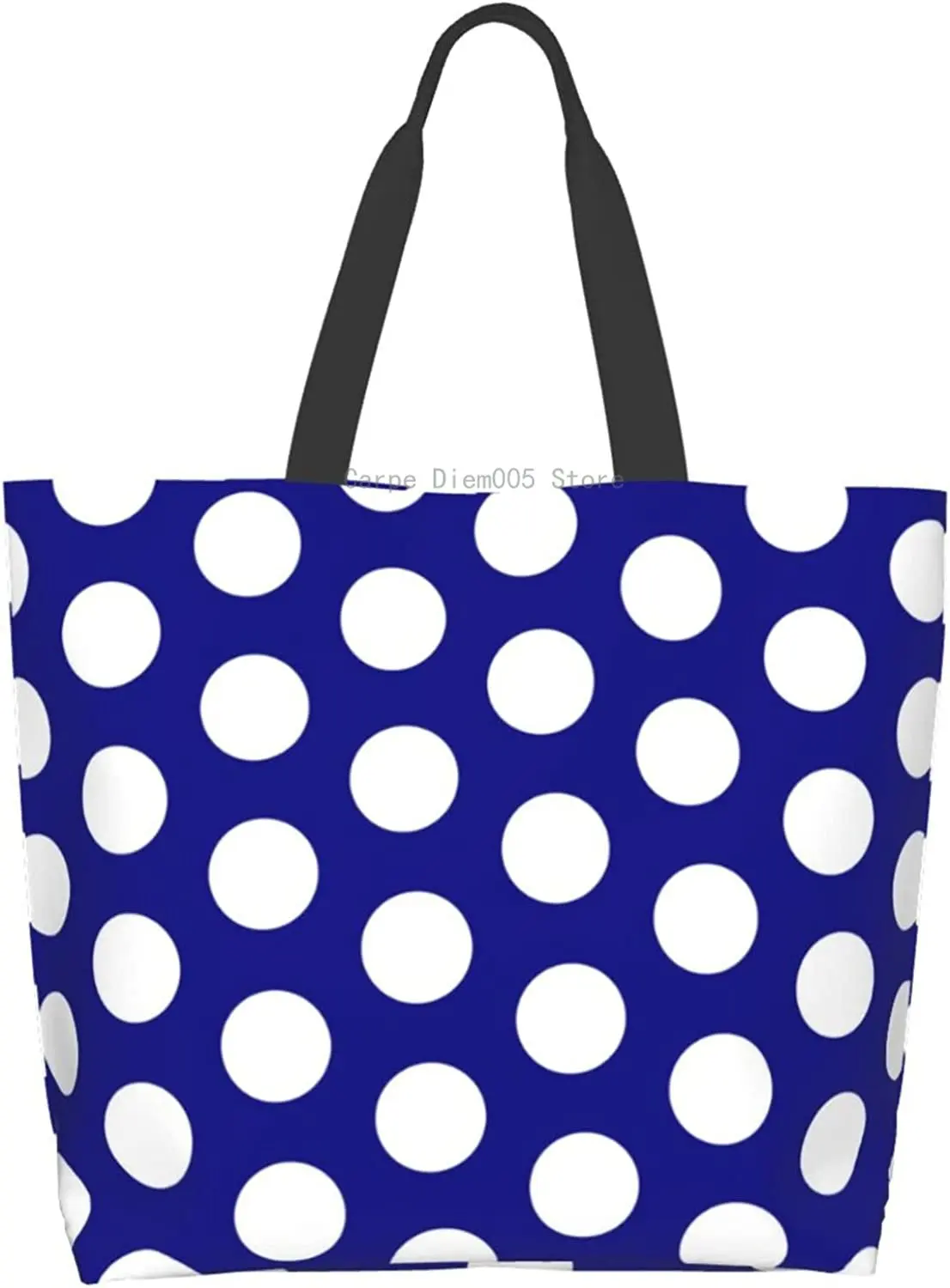 

Blue White Polka Dot Reusable Large Capacity Women Shoulder Handbags Casual Tote Bag Heavy Duty for Shopping Grocery Travel