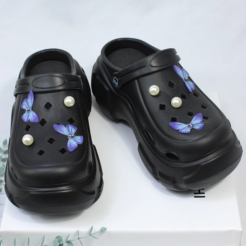 

7CM Platform Pearl & Blue Butterfly 2023 Women Outdoors Vented Clogs Sandals Summer Close Toe Slippers Beach Brand Bread Shoes