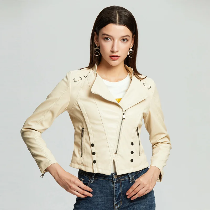 Women's Faux Pu Leather Jacket Women Autumn Streetwear Outerwear Zipper Pocket Button Slim Short Coat Motorcycle Biker Jackets