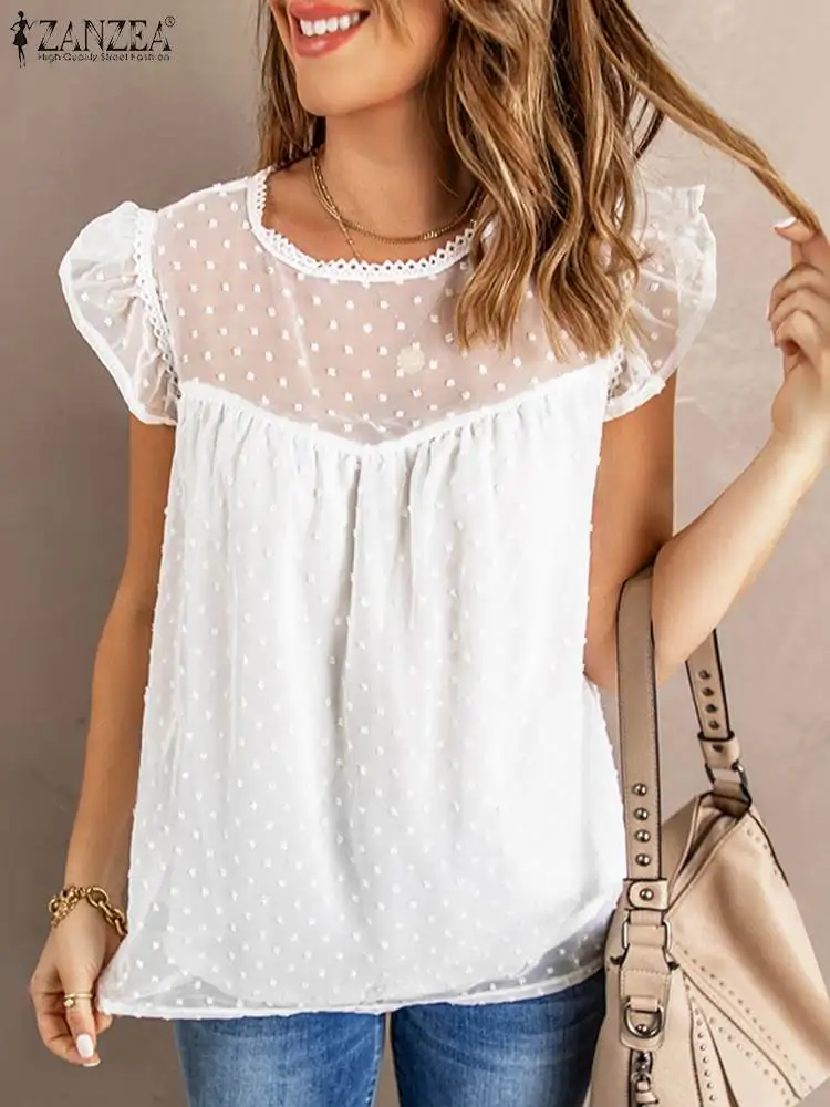 

ZANZEA Holiday Elegant Casual Fashion Loose Beach Shirt Women Summer Solid Lace Blouse Short Sleeve O-Neck Thin Bohemian Tops
