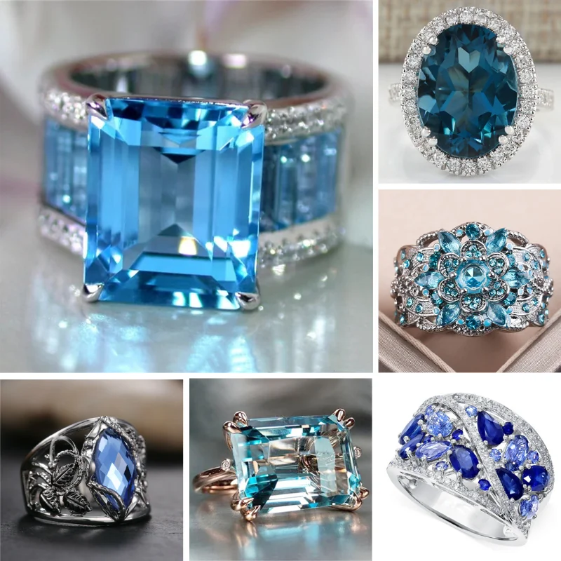 

Luxury Fashion Blue Crystal Rhinestone Geometric Ring Women Exaggerated Silver Color Ring Engagement Wedding Anniversary Jewelry