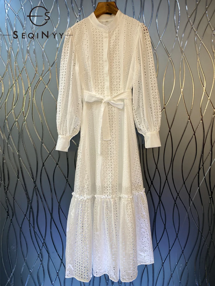 

SEQINYY Elegant Midi Dress Summer Spring New Fashion Design Women Runway High Street Hollow Out Flower Casual Belt A-Line