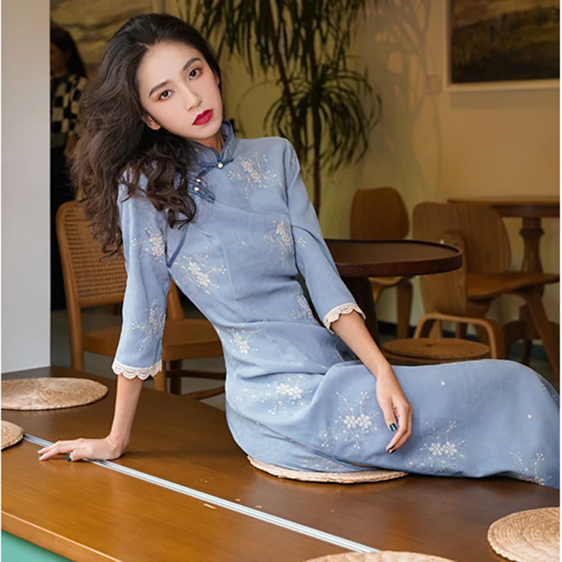 

Cheongsam Dress Chinese Qipao Vintage Suede Traditional Clothing Modern Orient Young Elegant Dresses Retro Party Performance