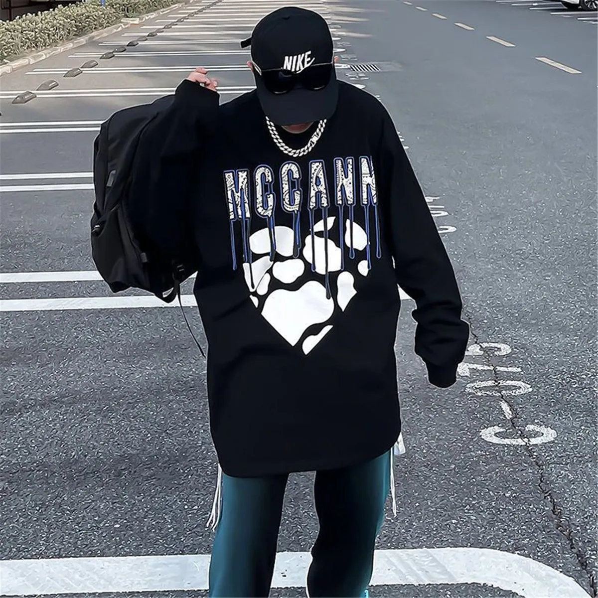 

Cotton Black Heart Print T Shirt Men Harajuku Tops Streetwear Long Sleeve Loose Tops Cool High Street Ins Funny Gothic Tshirt
