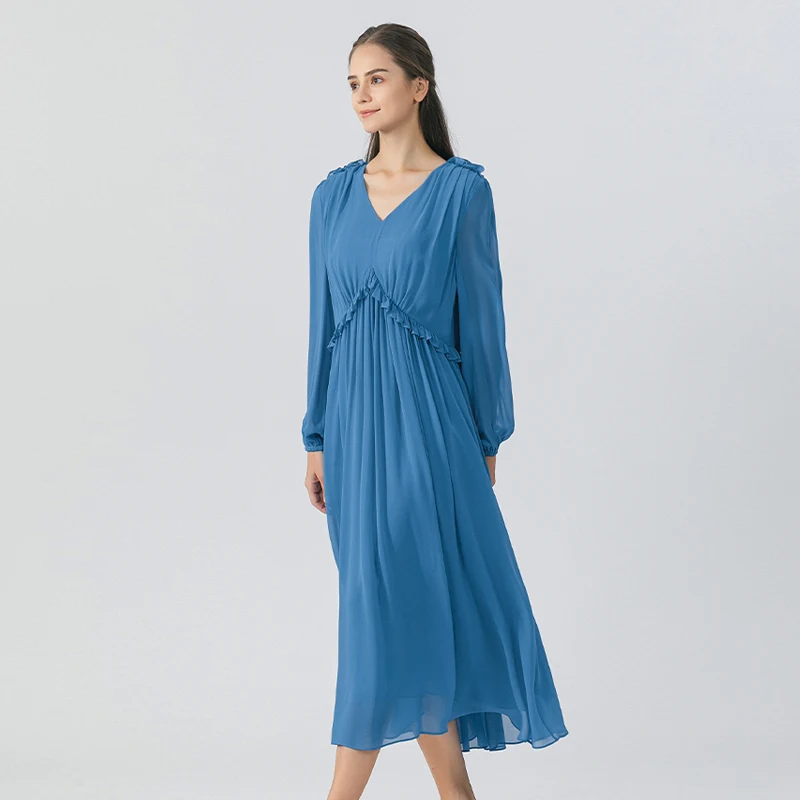 

VOA 12 Momme Double Layer Georgette Silk V-neck Lantern Long Sleeves Dresses Women Fungus Lace Waist Elegant Blue Dress AE1737