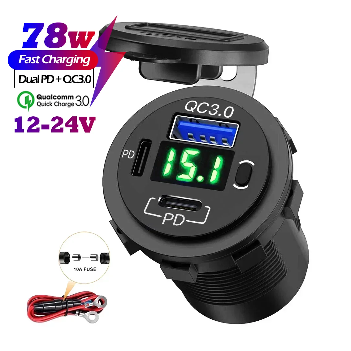 

Розетка USB 12 В, двойная розетка для автомобильного зарядного устройства USB-C и порт Quick Charge 3.0 с вольтметром и выключателем питания для автомобиля, лодки, морского грузовика