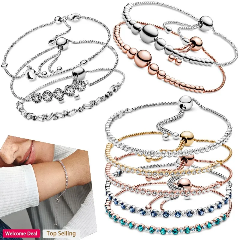 

Popular Luxury 925 Silver Women's Ice Crystal Zircon Logo Adjustable Tennis Bracelet Fit Original Women's Charm DIY Jewelry