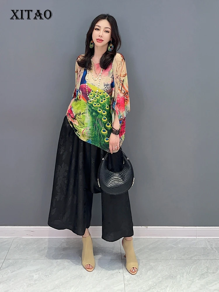 

XITAO Print Pattern Blouse Pullover Small Fresh Irregular Goddess Fan Casual Style Loose 2023 Summer New Shirt Top WLD11665
