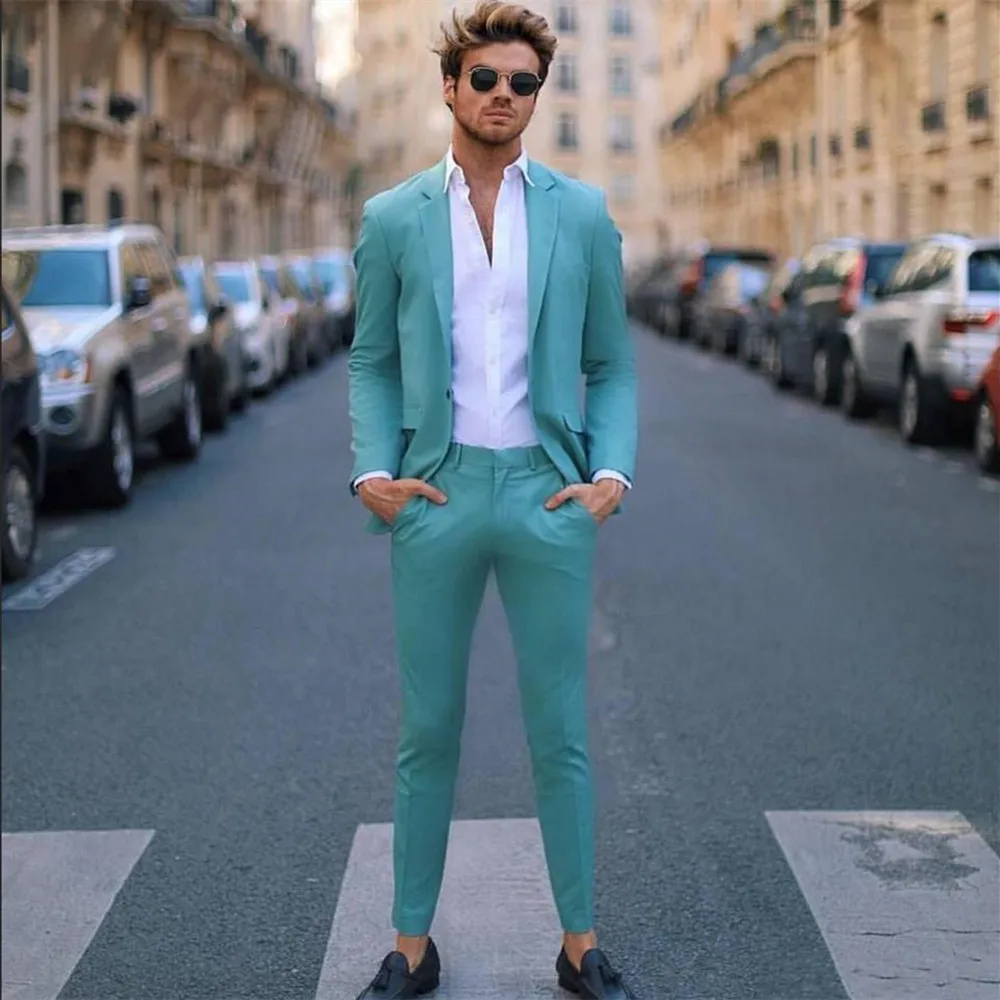 

Handsome Teal Slim Fit Mens Prom Suits Notched Lapel Groomsmen Tux Beach Wedding Tuxedos For Men Blazers One Button Formal Suit