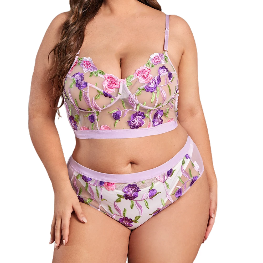 

Plus Size Sexy Lace Lingerie Women's 5XL Sleepwear See Through Underwear Wireless Plunge Bra Knickers Set Nightwear A50