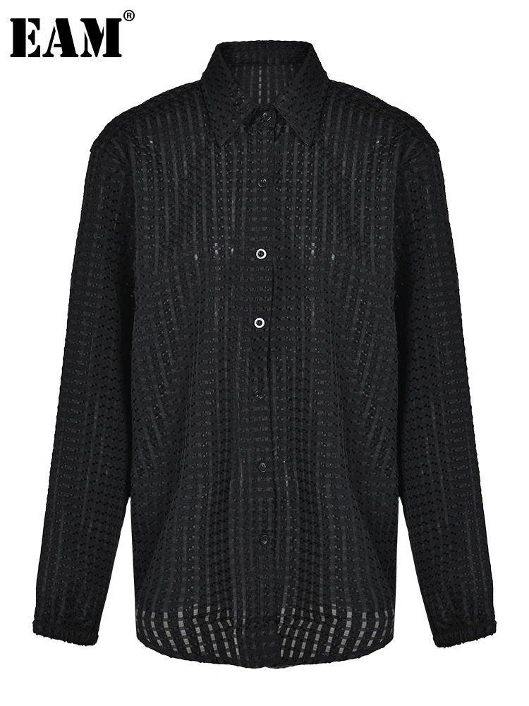 

[EAM] Women Black Hollow Out Big Size Casual Blouse New Lapel Long Sleeve Loose Fit Shirt Fashion Spring Autumn 2023 1DF9507