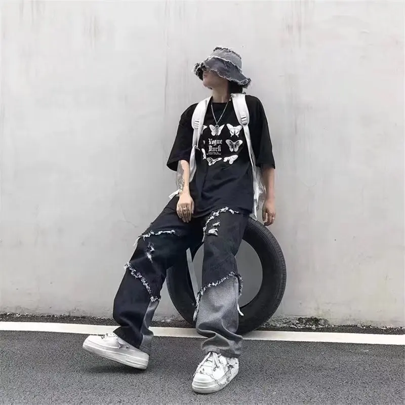 Casual Vintage Straight Leg Korean Streetwear Harajuku Trousers Fringed Color Contrast Wide Leg Pants High Street Mens Jeans