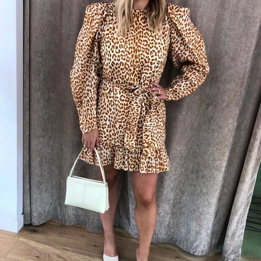 

Leopard Print Women's Silk Dress o-neck long sleeve fashion lady mini dress