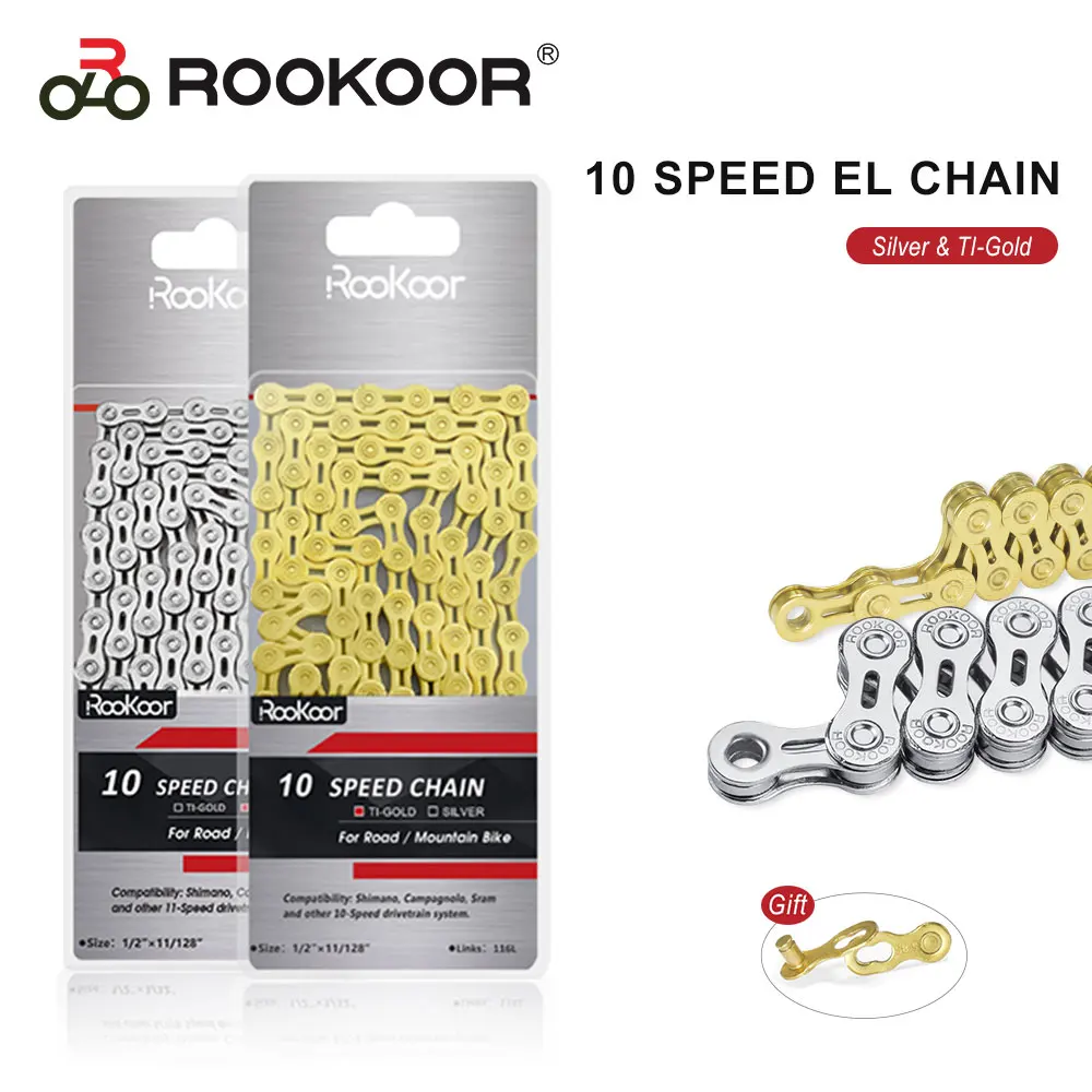 

Rookoor MTB Road Bicycle Chain10 Speed Silver Titanium Plated EL Half Hollow Chains 116 Links Cycling Accessories Bike Part