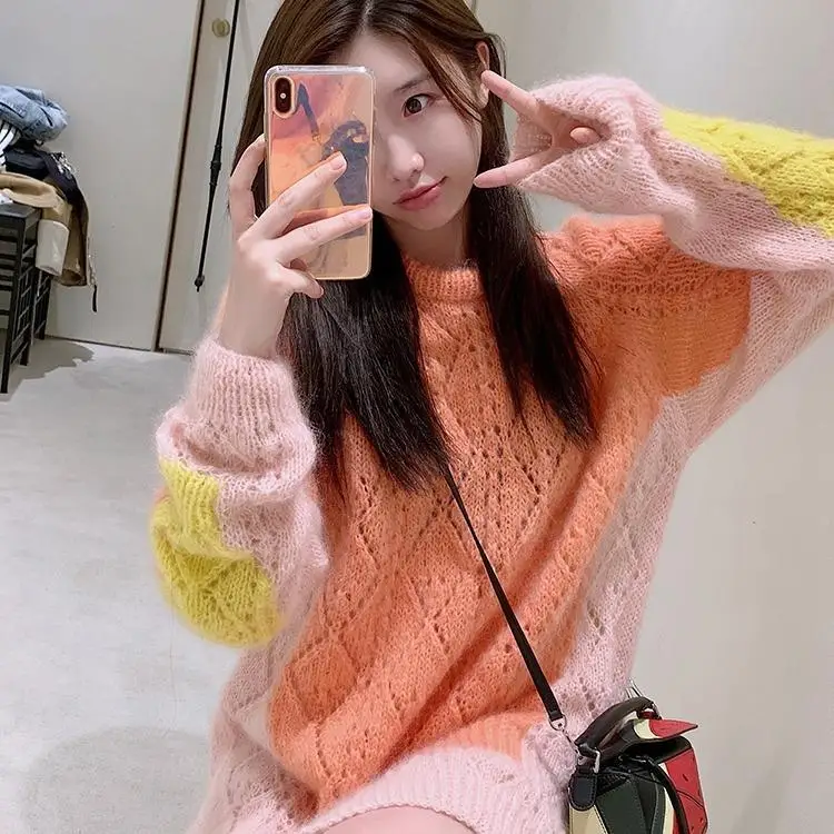 

2022 Women Fashion Knit Sweater Top Long Sleeves O-Neck Soft Knitwear Hollow Out Casual Knitted Sweaters Pullover Woman Tops Z12