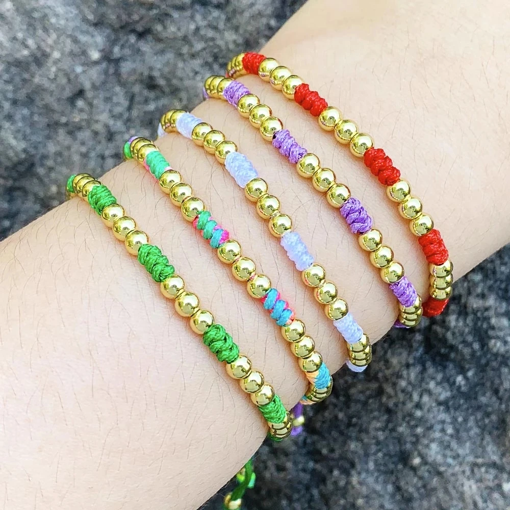 

Браслеты женские регулируемые, многоцветные веревочные цепочки с золотыми бусинами, Подарочные ювелирные украшения, 20 шт.