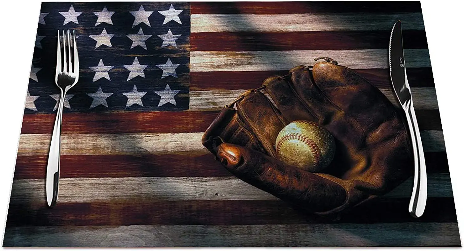 

American Flag Placemats Set of 4, Vintage American Flag Baseball Glove Placemats Heat Resistant for Dining Table Non-Slip
