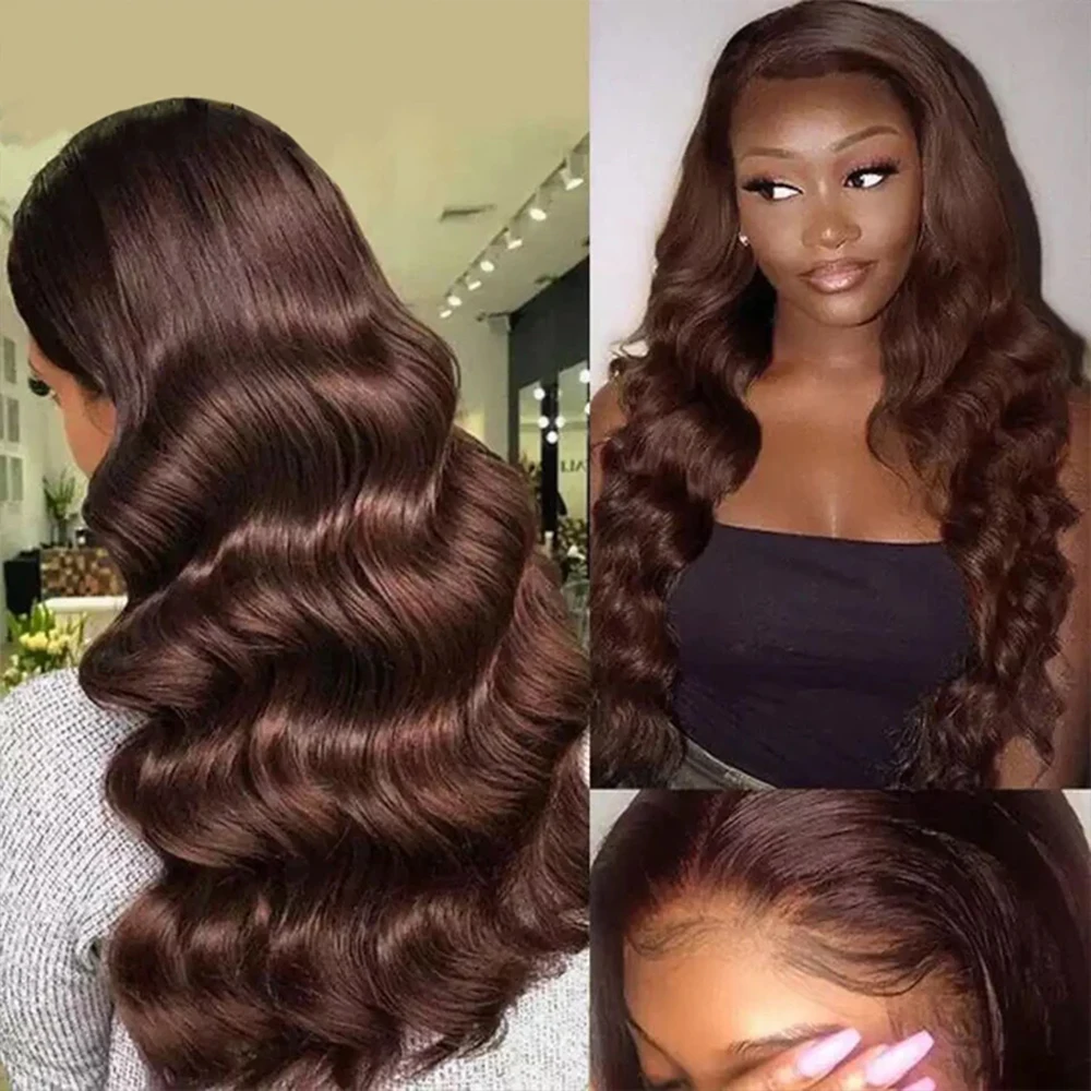 

Dark Brown 13x4 Transparent Lace Front Human Hair Wigs Pre Plucked Body Wave 200 Density Indian Remy Black Women 4x4 Closure Wig