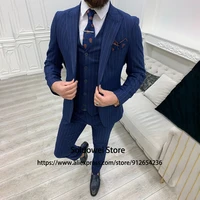 fashion striped slim fit suits for mens 3 piece jacket pants set groom wedding peaked lapel tuxedo formal business costume homme