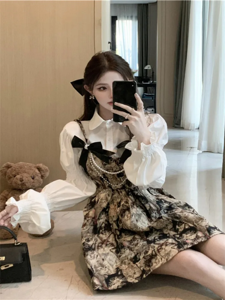 

Korean Fashion Cute Girl 2PC Dress Suit Slim Chic Two Piece Long Puff Sleeve White Shirt+print Bow Strap Mini Skirt Sets Outfits