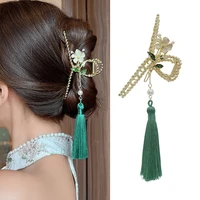 chinese style hair claws alloy hairpin camellia hairgrips green tassel crab clip headwear personality hair accessories