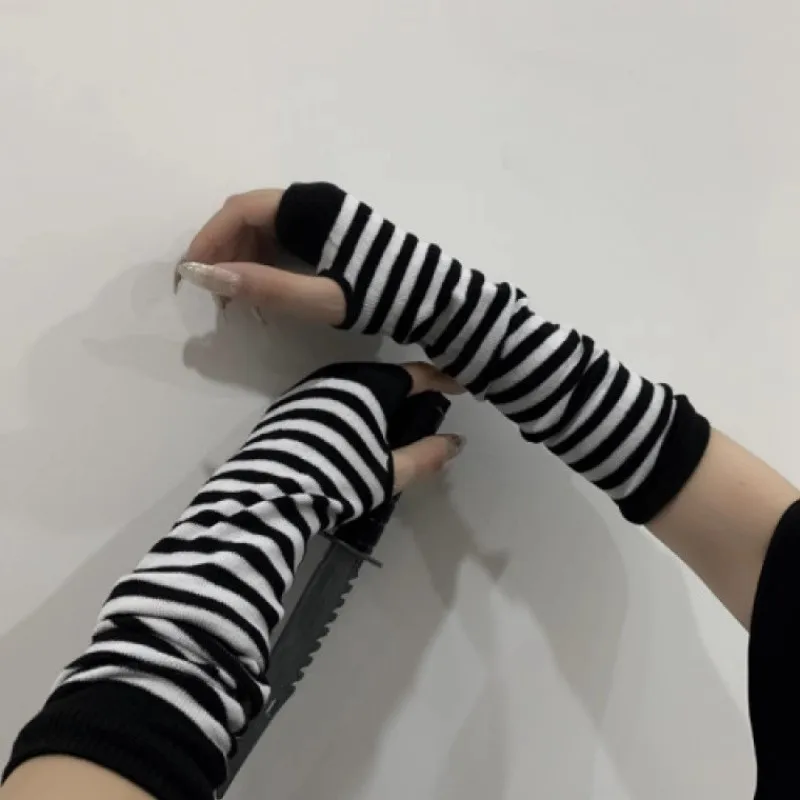 

PUNK Knitted Long Fingerless Gloves Arm Cover Striped Knitted Wrist Sleeves Arm Warmer Sleeve Elbow Mittens Women Christmas Gift