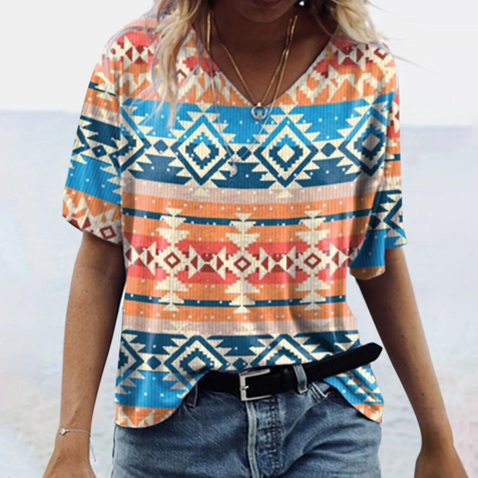 

Harajuku Women T-shirt Fashion Ladies Short-sleeved Casual Loose Folk Style Retro Printed V-neck Blouse Home New Tee Shirt