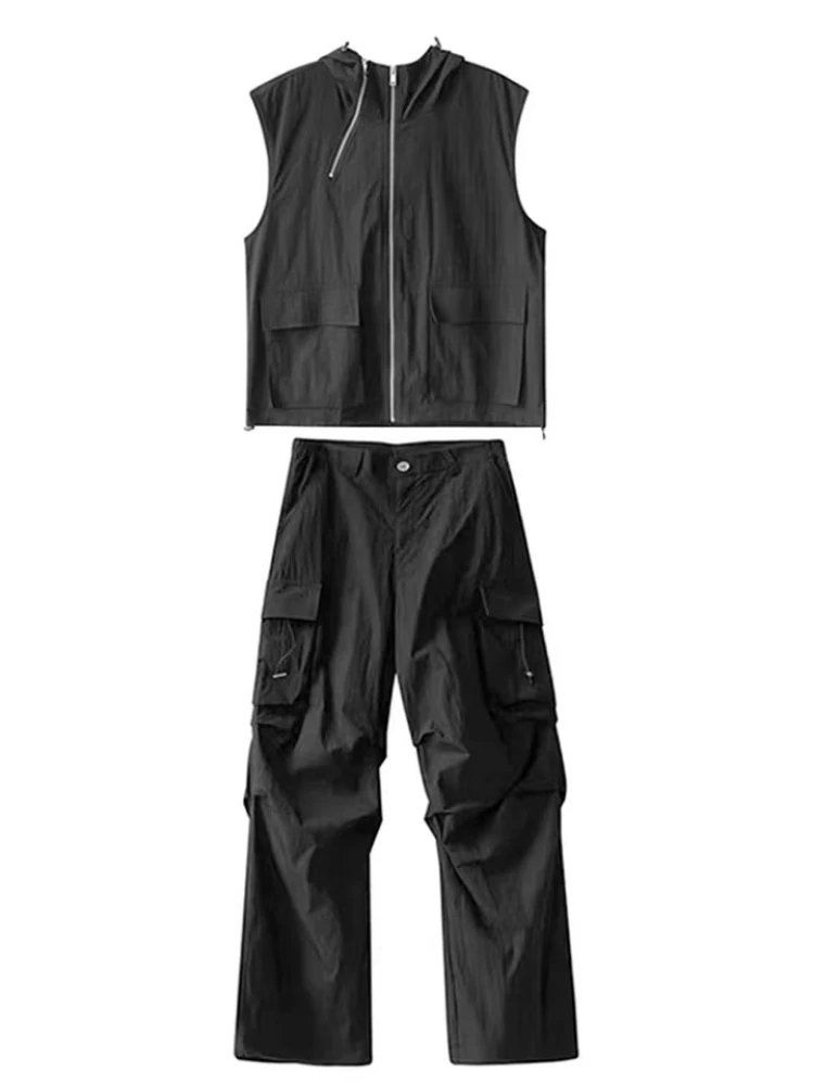 Summer Cargo Pants Set Men Hooded Vest Double Zipper Sleeveless Tops Japan Streetwear Hip Hop Korean Plus Size Long Pants Suit