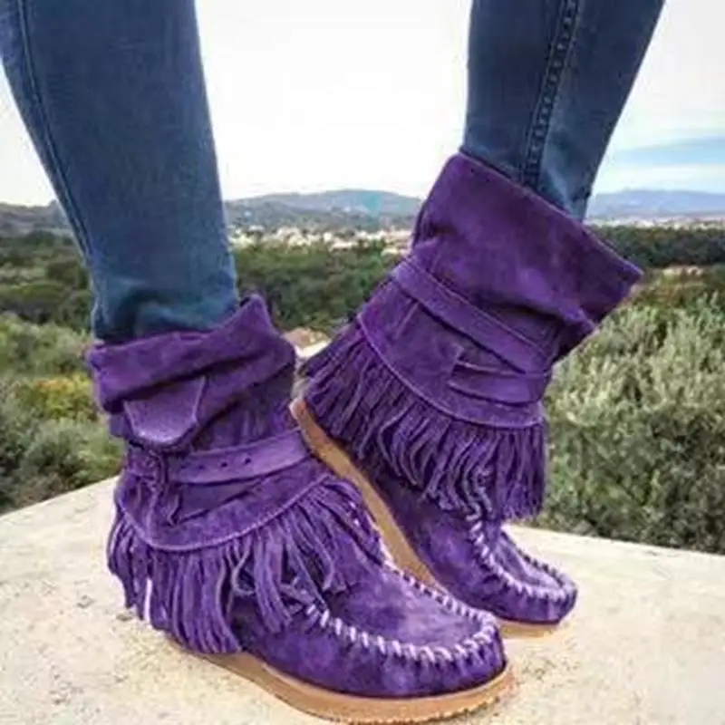 

2022 Fashion Fringe Boots Women's Sexy Fringe Boots Fashion Button Motorcycle Boots Flat Heel Boots Women's Cowboy Style Bota