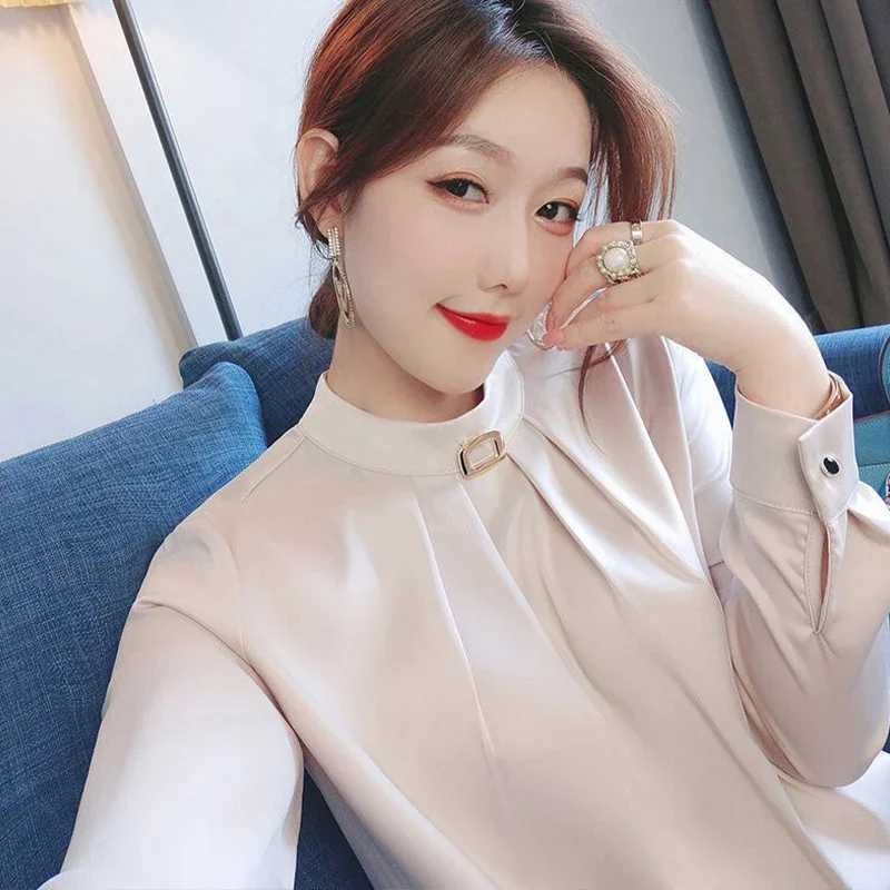 Однотонная шифоновая рубашка с воротником-стойкой для женщин новинка на весну и