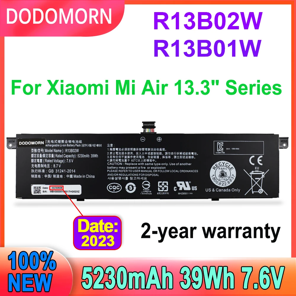 

Аккумулятор DODOMORN R13B02W R13B01W для ноутбука Xiaomi Mi Air, 13,3 дюйма, планшетный ПК, 5230 мАч, 39 Вт/ч, 7,6 В, бесплатная доставка