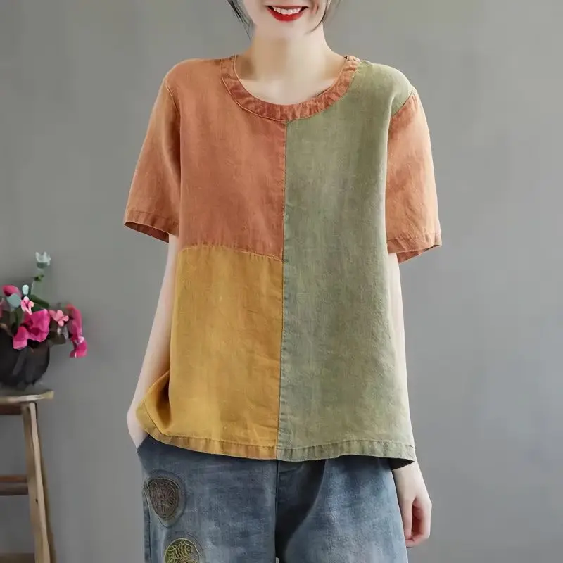 

Cotton Short Sleeve T-shirts Casual Loose Fashion Women's T-shirt O-Neck Vintage Summer New Cotton Linen Mother Dress