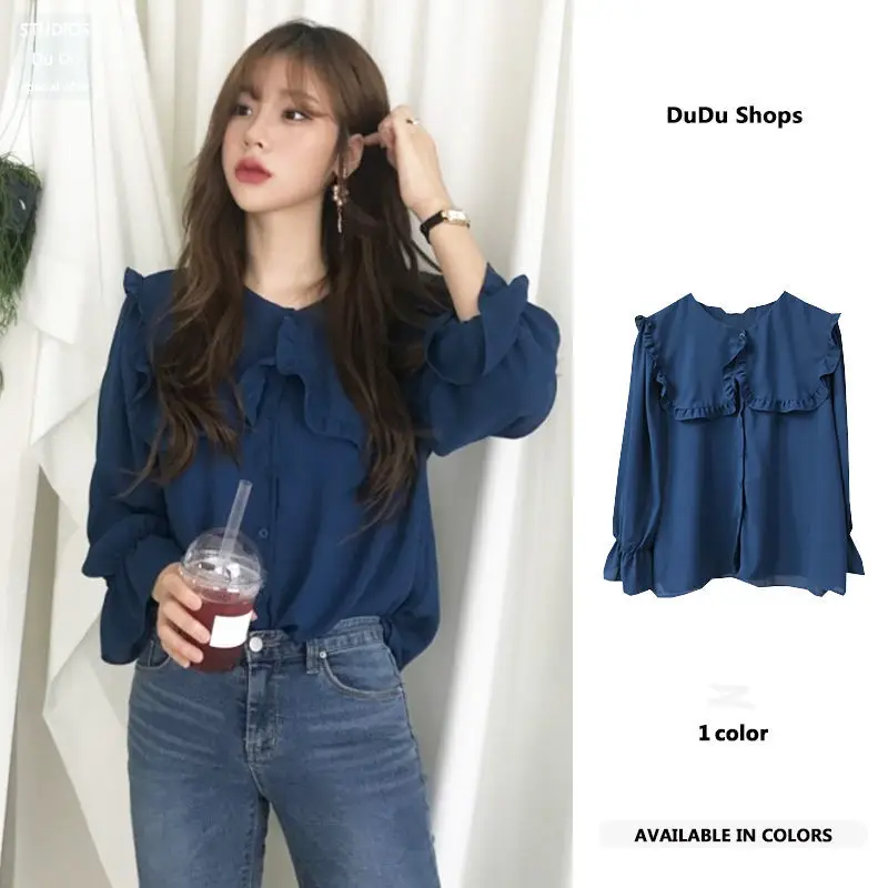 

Women Spring Autumn Style Chiffon Blouses Shirts Lady Fashion Casual Long Sleeve Ruffle Collar Blusas Tops B06