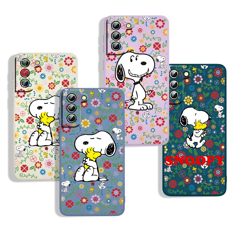 

Snoopy God Flower For Samsung S22 S21 S20 FE S10 Note 20 10 Ultra Lite Plus Liquid Rope With Lanyard Phone Case Capa